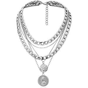 Layered Necklaces for Women Trendy Retro Coin Pendant Necklace Dainty Chunky Cha